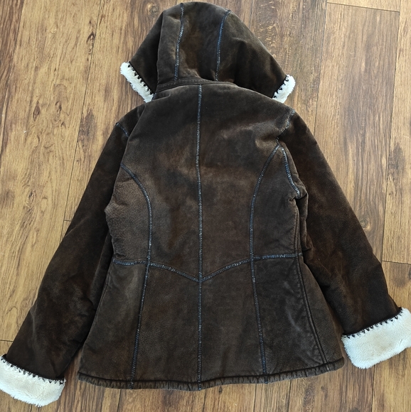 Y2k‎ Brown Suede Full Zip Hooded Jacket Women's Large Faux Fur Lined VTG Leather - Picture 3 of 8